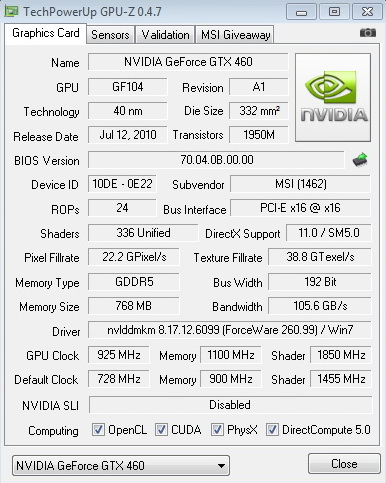 gpuz 925 4400 1850 msi N460GTX Cyclone 768D5 OC EDITION