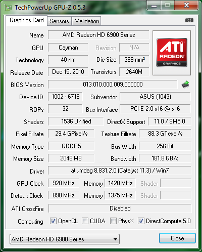 oc info gpuz01 Asus ATi HD6970 DirectCUII : Review