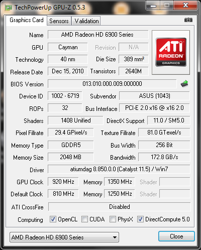 920 1350 info gpuz1 Asus ATi HD6950 DirectCUII 2GB/GDDR5 : Review