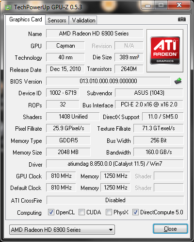 info gpuz1 Asus ATi HD6950 DirectCUII 2GB/GDDR5 : Review