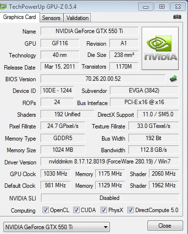 gpuz 1030 EVGA GeForce GTX 550Ti SC 1024MB GDDR5 Review