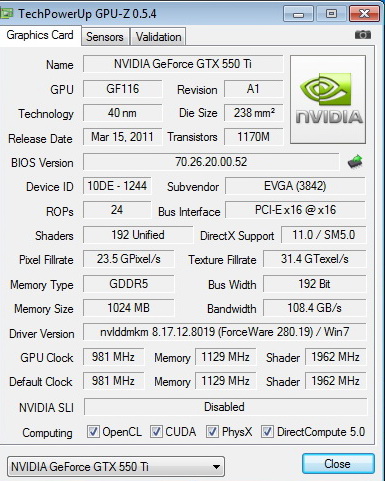 gpuz EVGA GeForce GTX 550Ti SC 1024MB GDDR5 Review