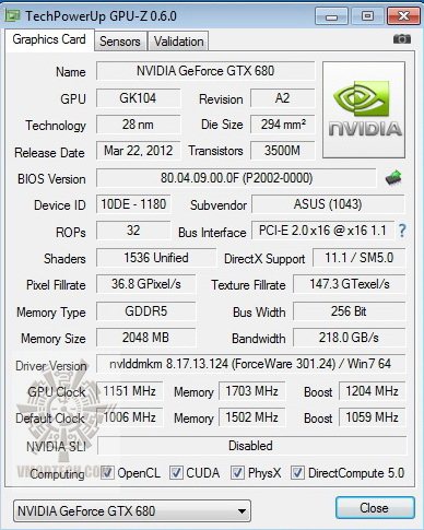 gpuz 1151 ASUS GEFORCE GTX 680 Review