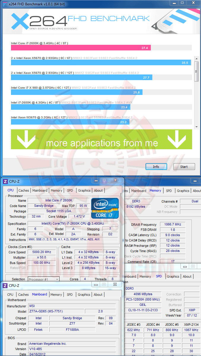 x264 2600 3rd Generation Intel® Core™ i7 3770K Processor with msi Z77A GD65