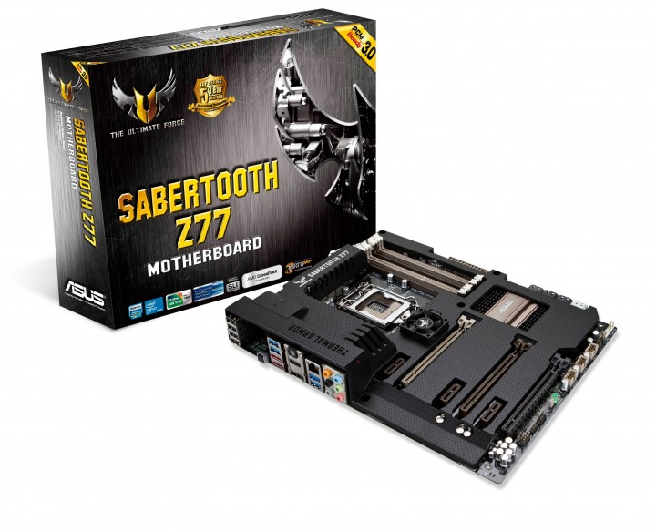 sabertooth z77 with box 720x583 ASUS SABERTOOTH Z77 มาเธอร์บอร์ดสายพันธุ์อึดจาก TUF Series แรงเหนือพิกัด รับประกันความแข็งแกร่งทนทานถึง 5 ปี