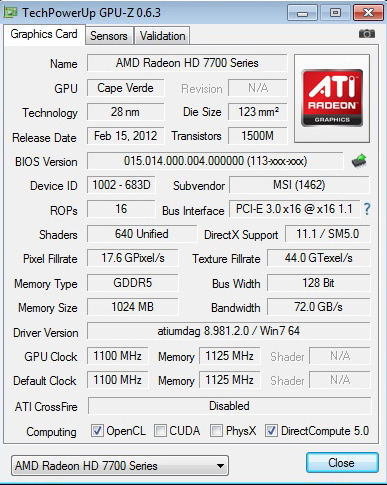 gpuz MSI R7770 Power Edition With AMD FX 8150 Bulldozer 