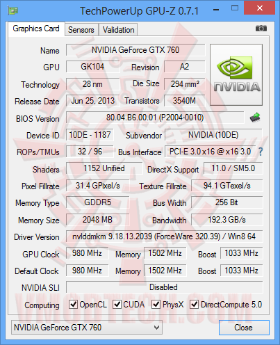 gpu z Nvidia Geforce GTX760 2GB GDDR5 Review