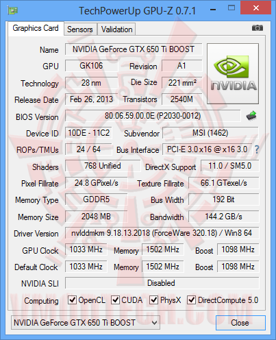 gpu z MSI Geforce GTX650Ti BOOST TWIN FROZR GAMING Review