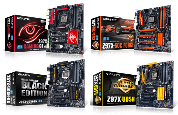 013 GIGABYTE เปิดตัวเมนบอร์ด 9 Series ในตระกูล Z97 และ H97  พบกับเมนบอร์ด 4 Series ใหม่ที่แตกต่างกัน ประกอบไปด้วยเมนบอร์ด G1™ Gaming, Overclocking Series, Black Edition และ Ultra Durable™