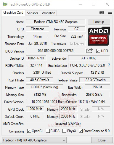 gpuz AMD RADEON RX480 CROSSFIRE 2WAYS ON AMD FX 9590 REVIEW