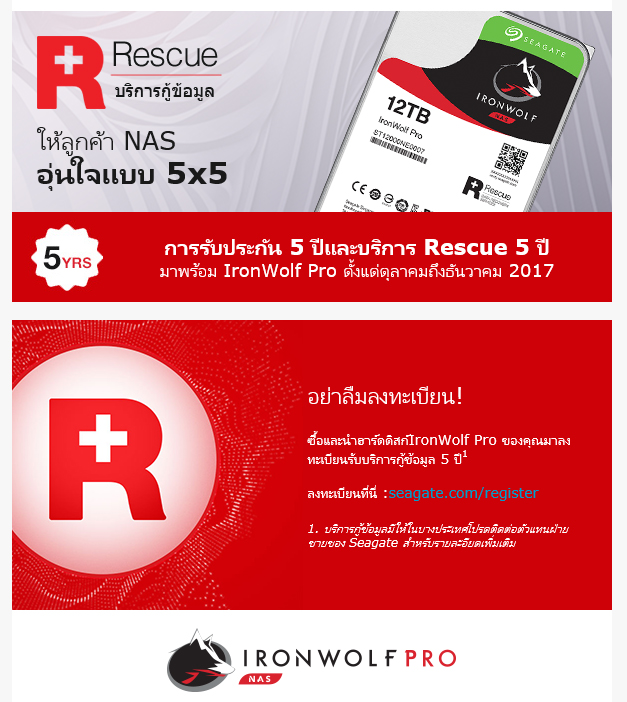 11 ลูกค้า Seagate อย่าลืมลงทะเบียนไดรฟ์ IronWolf Pro เพื่อรับประกัน5ปี + บริการกู้ข้อมูลฟรี