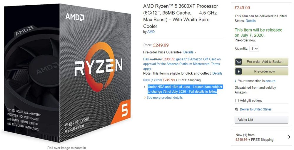 amd ryzen 5 3600xt amazon 1 1000x513 หลุดราคา AMD Ryzen 3600XT และ AMD Ryzen 3900XT จาก Amazon พร้อมวันวางจำหน่าย 7กรกฎาคมที่จะถึงนี้ 