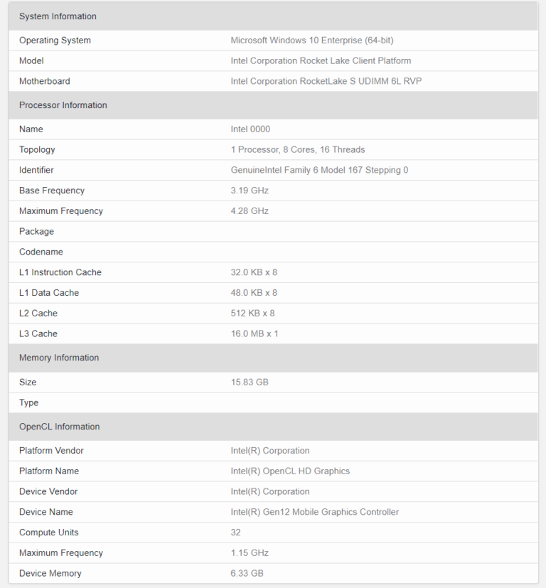 intel rocket lake s 8 core xe graphics geekbench 768x827 ลือ!! พบข้อมูลซีพียู Intel Rocket Lake S รุ่นใหม่ล่าสุดใน Intel 11th Gen ในโปรแกรม Geekbench อย่างไม่เป็นทางการ 