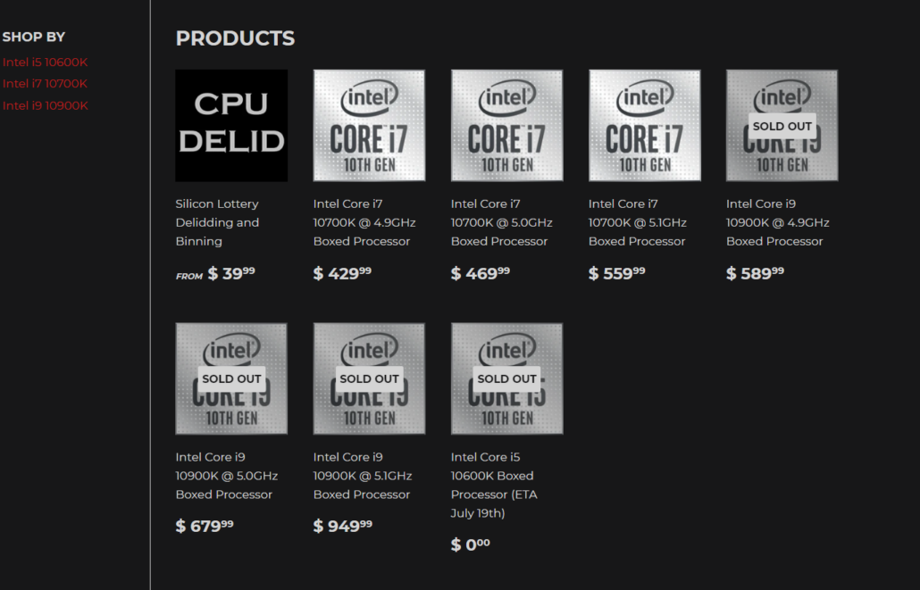 intel 10th gen core i9 10900k core i7 10700k pre binned cpus at silicon lottery 1030x661 ขาแรงต้องมี!! ซีพียู Intel Core i9 10900K และ Core i7 10700K รุ่นคัดเกรดความเร็วจากเว็บไซต์ Silicon Lottery ความเร็ว 5.1Ghz ALL Core ราคาอยู่ที่ 949ดอลล่าสหรัฐฯ และ 599ดอลล่าสหรัฐฯ หรือประมาณ 31,XXXบาทไทย และ 19,XXXบาทไทย