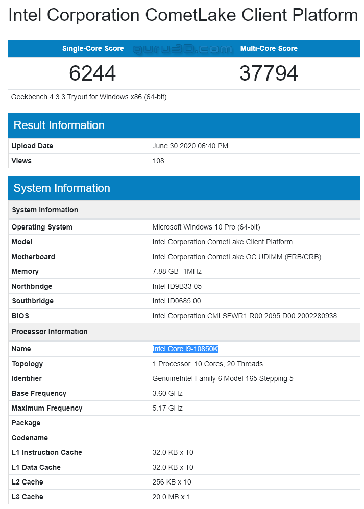 untitled 1 หลุดผลทดสอบซีพียู Intel Core i9 10850K ในโปรแกรม Geekbench4 อย่างไม่เป็นทางการ 