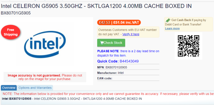 intel celeron g5905 dual core desktop cpu 740x365 หลุด!! ซีพียู Intel Celeron G5925 และ Celeron G5905 รุ่นใหม่ล่าสุดวางจำหน่ายในราคา 62ปอนด์ , 51ปอนด์ หรือประมาณ 2,4XXบาท และ 1,9XXบาทอย่างไม่เป็นทางการ 