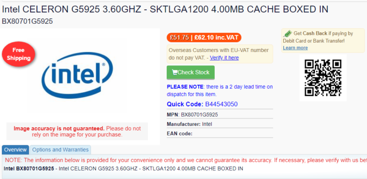 intel celeron g5925 dual core desktop cpu 740x361 หลุด!! ซีพียู Intel Celeron G5925 และ Celeron G5905 รุ่นใหม่ล่าสุดวางจำหน่ายในราคา 62ปอนด์ , 51ปอนด์ หรือประมาณ 2,4XXบาท และ 1,9XXบาทอย่างไม่เป็นทางการ 