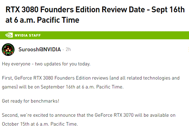 nvidia geforce rtx 3080 3070 release dates NVIDIA GeForce RTX 3070 พร้อมวางจำหน่ายในวันที่ 15 ตุลาคมที่จะถึงนี้