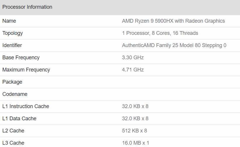 amd ryzen 9 5900hx specifications พบข้อมูลซีพียู AMD Ryzen 9 5900HX 8C/16T ความเร็วสูงสุด 4.7GHz ประสิทธิภาพแรงกว่า Ryzen 9 4900HS ประมาณ 25% คาดเปิดตัวต้นปีหน้า 2021