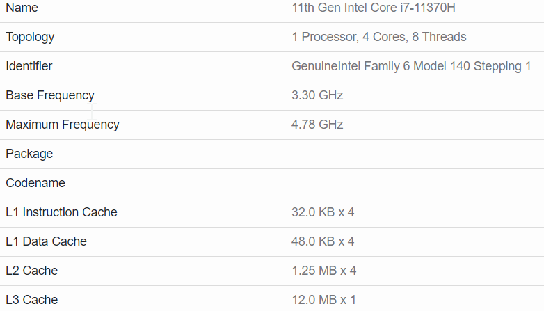 11th gen intel core i7 11370h specifications 1 หลุดผลทดสอบซีพียู Intel Core i7 11370H และ i5 11300H รุ่นประสิทธิภาพสูงในรหัส Tiger Lake ที่ใช้งานในแล็ปท็อป