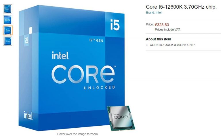 intel core i5 12600k amazon 768x473 พบข้อมูลซีพียู Intel Core i9 12900K รหัส Alder Lake รุ่นที่ 12 ใหม่ล่าสุดเริ่มวางขายแล้วอยู่ที่ราคา 847 EUR ยูโร รวมภาษี 21% ใน Amazon ที่ประเทศเนเธอร์แลนด์