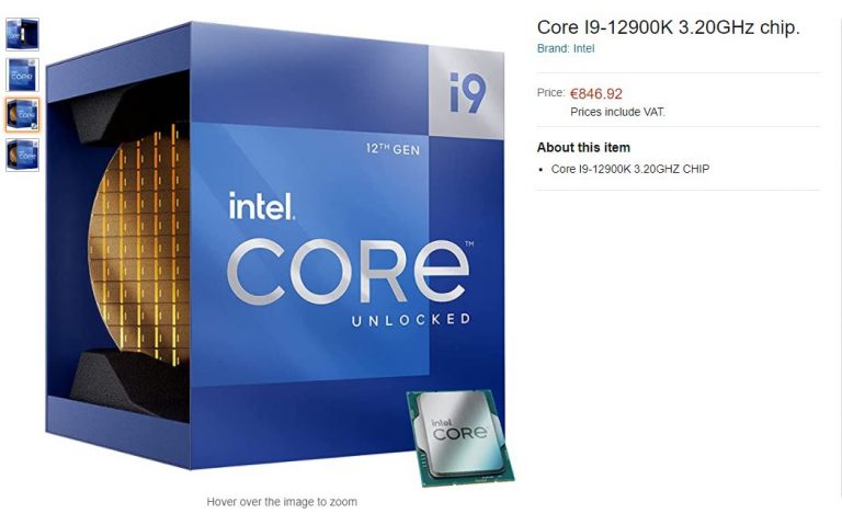 intel core i9 12900k amazon 768x479 พบข้อมูลซีพียู Intel Core i9 12900K รหัส Alder Lake รุ่นที่ 12 ใหม่ล่าสุดเริ่มวางขายแล้วอยู่ที่ราคา 847 EUR ยูโร รวมภาษี 21% ใน Amazon ที่ประเทศเนเธอร์แลนด์