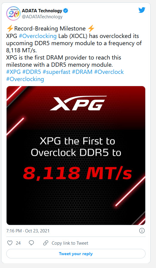 2021 10 24 10 55 39 ADATA ประกาศเปิดตัวแรม DDR5 รุ่นแรก XPG DDR5 ที่สามารถโอเวอร์คล๊อกไปที่ความเร็ว 8118 MT/s กันเลยทีเดียว 