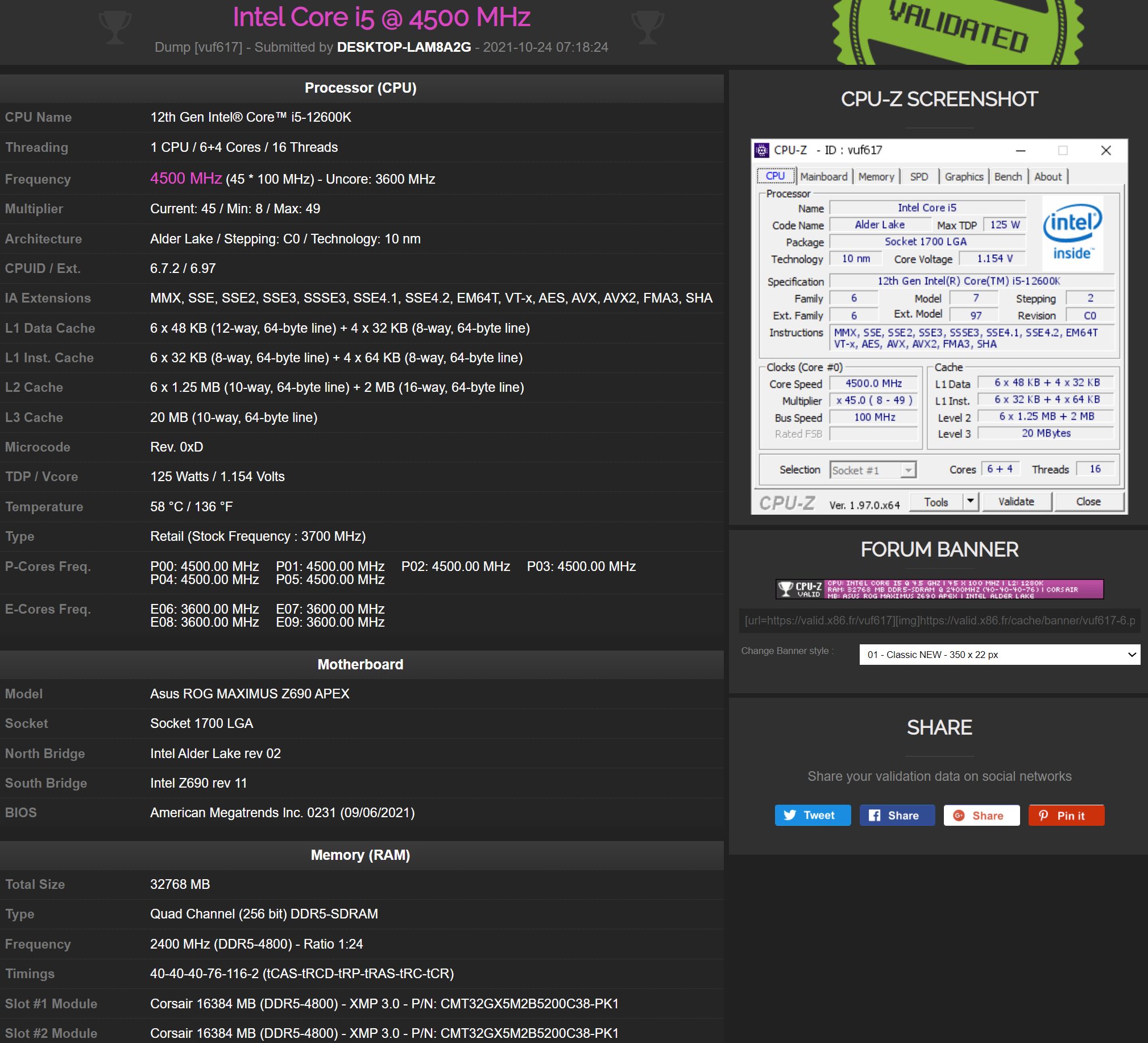 intel core i5 12600k cpuz validation 2 หลุดผลทดสอบ Intel Core i5 12600K แรงกว่ารุ่นเดิมมากถึง 50% ในการทดสอบ Multi thread ในโปรแกรม CPU Z