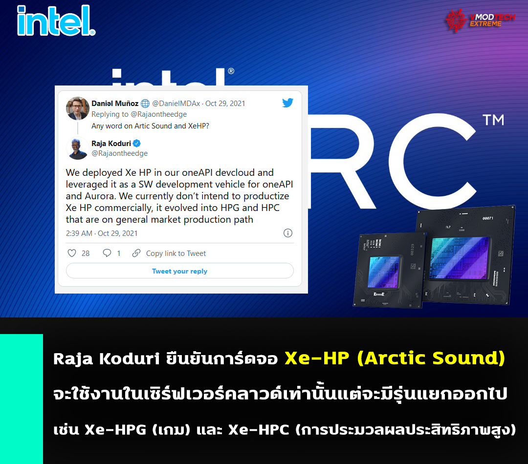 intel xe hp arctic sound Raja Koduri ยืนยันการ์ดจอ Intel Xe HP (Arctic Sound) จะใช้งานในเซิร์ฟเวอร์คลาวด์เท่านั้นแต่จะแบ่งแยกรุ่นตามการใช้งานออกไป เช่น Xe HPG (เกม) และ Xe HPC (การประมวลผลประสิทธิภาพสูง) 