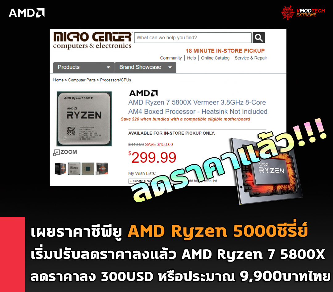 amd ryzen 5000 price cut to 300 usd เผยราคาซีพียู AMD Ryzen 5000ซีรี่ย์เริ่มปรับลดราคาลงแล้ว AMD Ryzen 7 5800X ลดราคาลงมากกว่า 300USD หรือประมาณ 9,900บาทไทย 