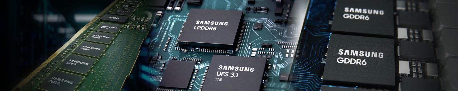 samsung ddr5 gddr6 memory banner 1536x305 เผยข้อมูลเแรมรุ่นใหม่ DDR6 12800 จากทาง Samsung อยู่ในขั้นตอนการผลิตสามารถโอเวอร์คล๊อกได้สูงถึง 17000 MT/s และแรม GDDR7 ที่ความเร็วสูงถึง 32 Gbps กำลังพัฒนาใช้งานในการ์ดจอรุ่นใหม่ในอนาคต