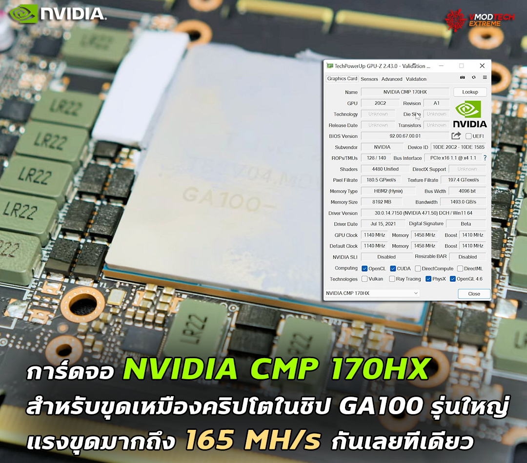 nvidia cmp 170hx crypto mining การ์ดจอ NVIDIA CMP 170HX สำหรับขุดเหมืองคริปโตในชิป GA100 รุ่นใหญ่ไม่มีฮีตซิงค์ระบายความร้อนมาพร้อมประสิทธิภาพการขุดมากถึง 165 MH/s กันเลยทีเดียว