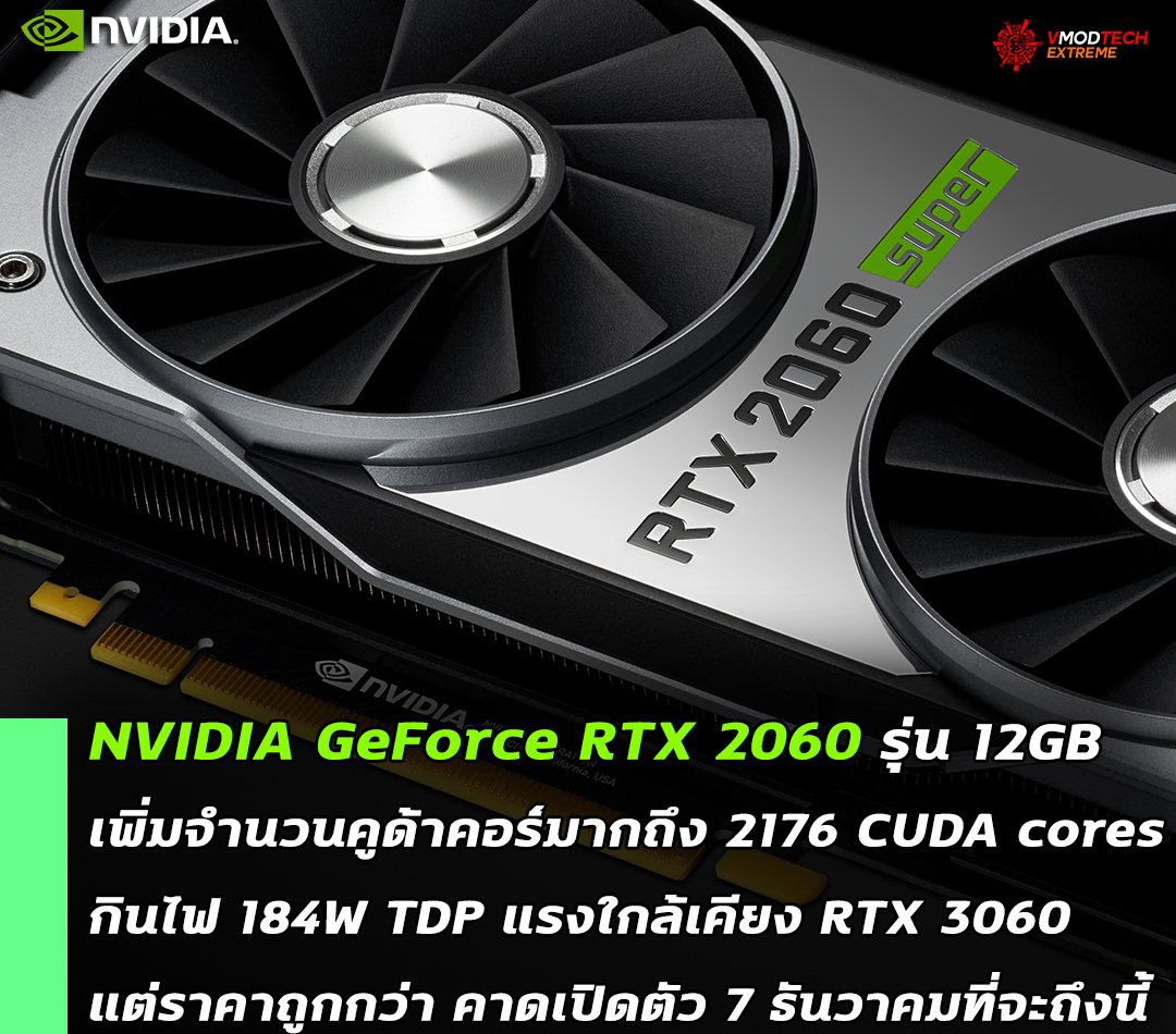 ไม่ได้เพิ่มแค่แรม NVIDIA GeForce RTX 2060 รุ่น 12GB เพิ่มจำนวนคูด้าคอร์มากถึง 2176 CUDA cores กินไฟ 184W TDP คาดเปิดตัว 7 ธันวาคมที่จะถึงนี้