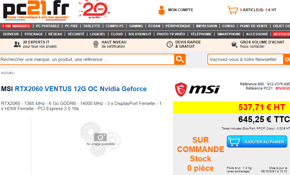 msi gf 2060 12gb pc21 MSI GeForce RTX 2060 Ventus 12GB รุ่นใหม่ล่าสุดวางขายแล้วที่ฝรั่งเศสราคาอยู่ที่ 528EUR ยูโร หรือประมาณ 20,XXXบาทไทย