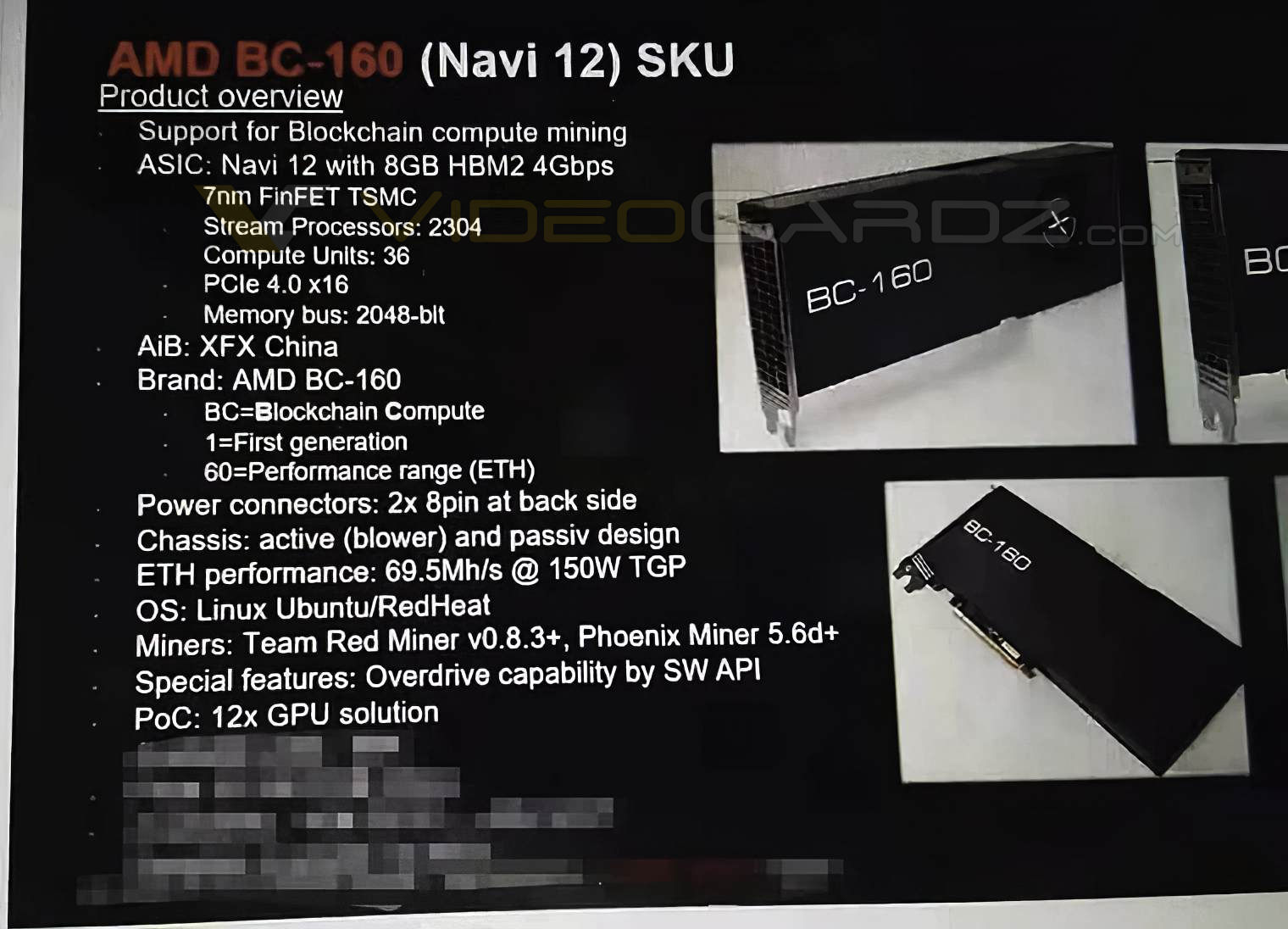 amd bc 160 mining card เผยการ์ดจอ AMD/XFX BC 160 สำหรับขุดเหมืองคริปโตชิป Navi 12 แรม 8GB HBM2 แรงขุดมากถึง 70 MH/s ราคาวางจำหน่าย 2000ดอลล่าสหรัฐฯ หรือประมาณ 66,000บาทไทย