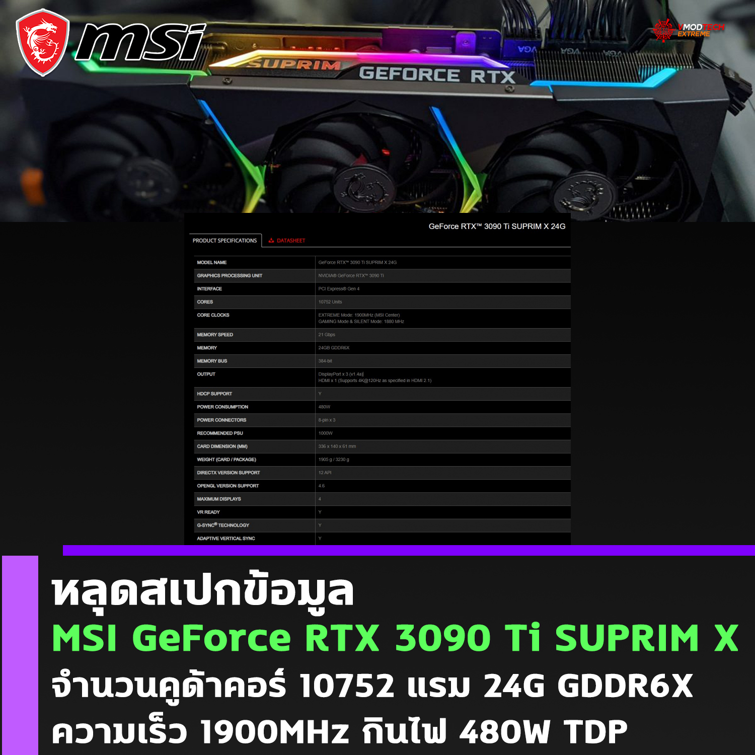 msi geforce rtx 3090 ti suprim x หลุดสเปกข้อมูล MSI GeForce RTX 3090 Ti SUPRIM X รุ่นใหม่ตัวท็อปความเร็ว 1900MHz boost clock กินไฟ 480W TDP