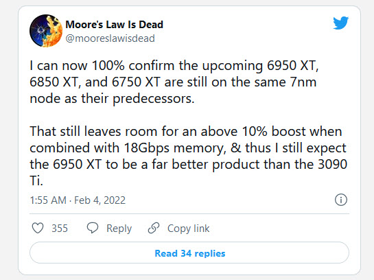 2022 02 04 16 51 04 ลือ!! การ์ดจอ AMD Radeon RX 6950XT, 6850XT และ 6750XT รุ่นรีเฟรชใหม่จะยังใช้สถาปัตย์ขนาด 7nm เช่นเดิม