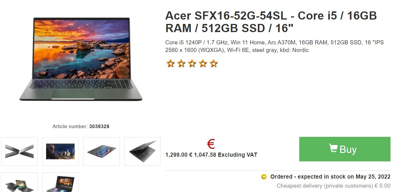 acer swift x arc 2 พบข้อมูล Acer Swift X ที่มาพร้อมการ์ดจอ Intel Arc A370M รุ่นใหม่ล่าสุดเปิดสั่งจองล่วงหน้าแล้วและพร้อมวางจำหน่ายในเดือนพฤษภาคม 