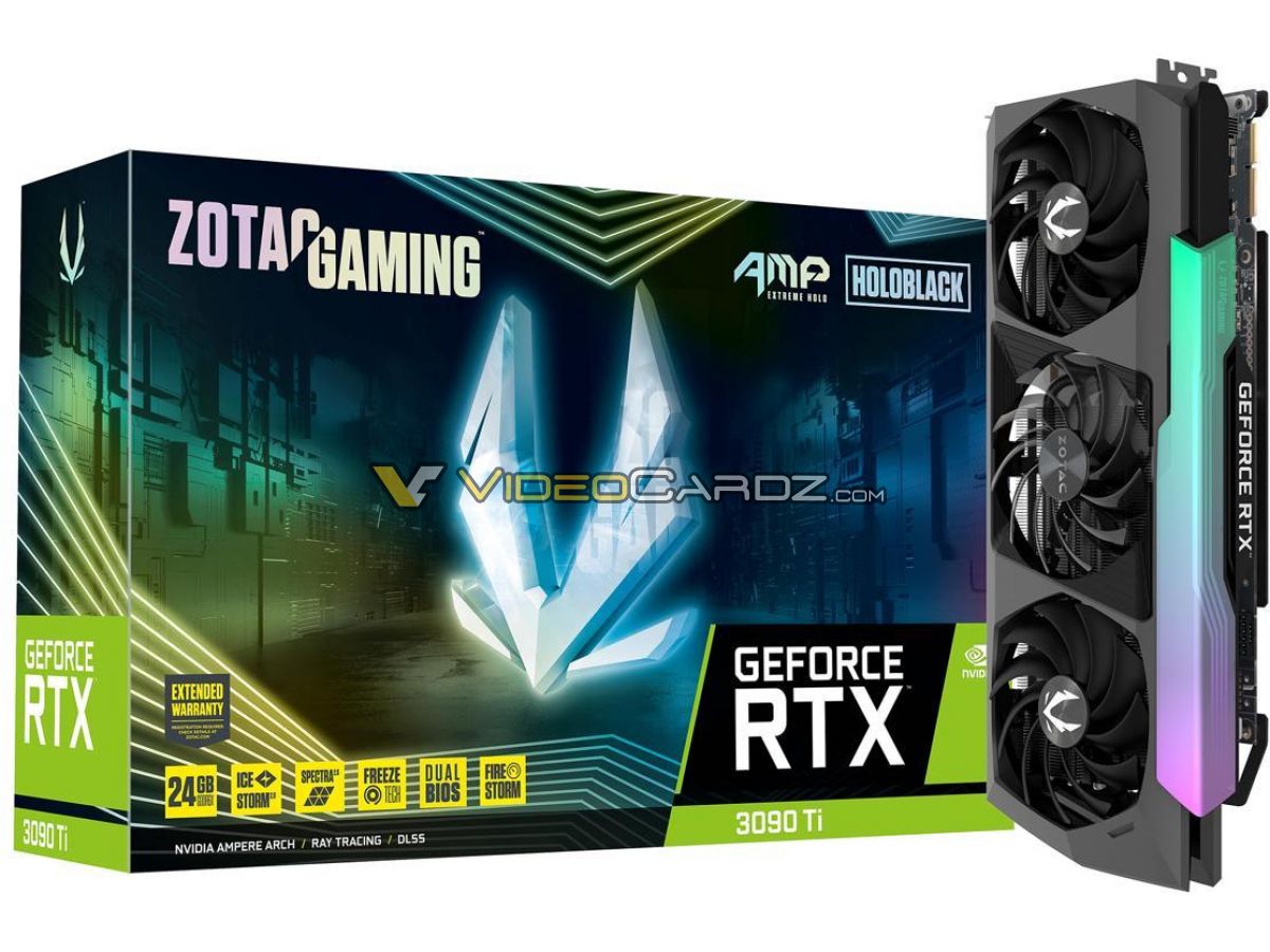 zotac geforce rtx 3090 ti 24gb amp extreme holo 1 หลุดรูปภาพและราคา NVIDIA GeForce RTX 3090 Ti อยู่ที่ 1999USD หรือประมาณ 65,XXXบาท แรงกว่ารุ่นเดิมประมาณ 7% 