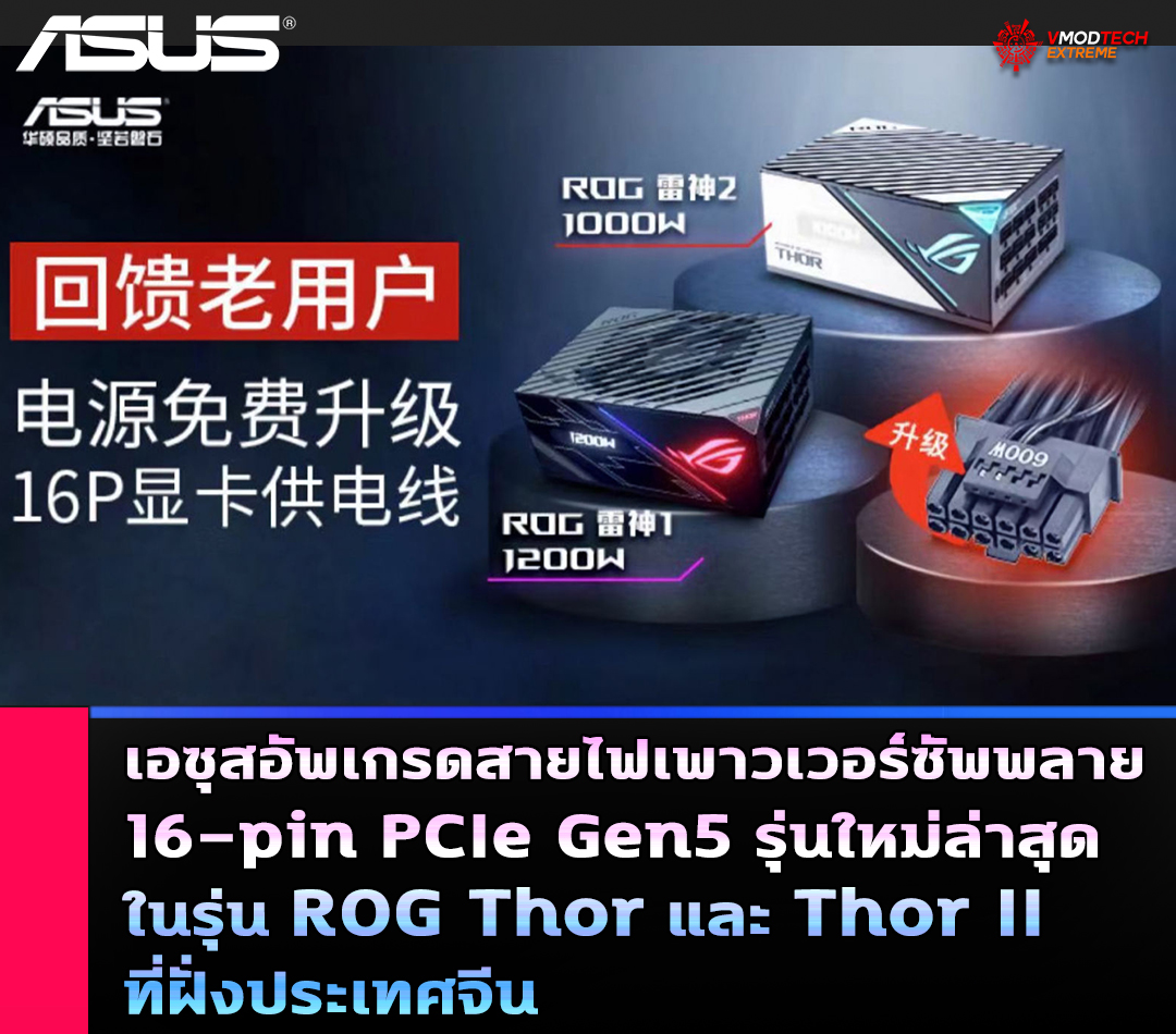 asusrog thor thor ii 16 pin pcie gen5 เอซุสแจกสายไฟ 16 pin PCIe Gen5 สำหรับเพาวเวอร์ซัพพลายในรุ่น ROG Thor และ Thor II ที่ประเทศจีน