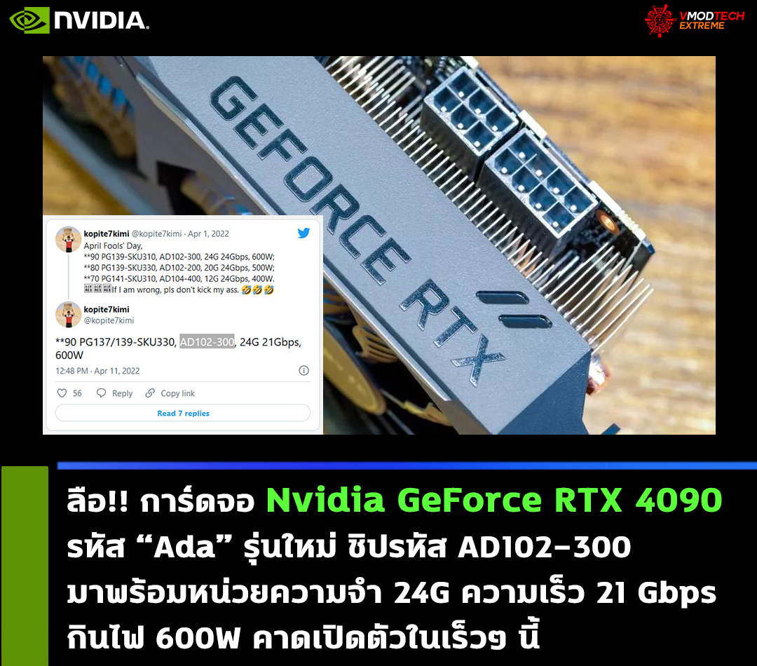 nvidia geforce rtx 4090 ada 21 gbps memory ลือ!! การ์ดจอ Nvidia GeForce RTX 4090 “Ada” รุ่นใหม่มาพร้อมหน่วยความจำ 24G ความเร็ว 21 Gbps กินไฟ 600W 