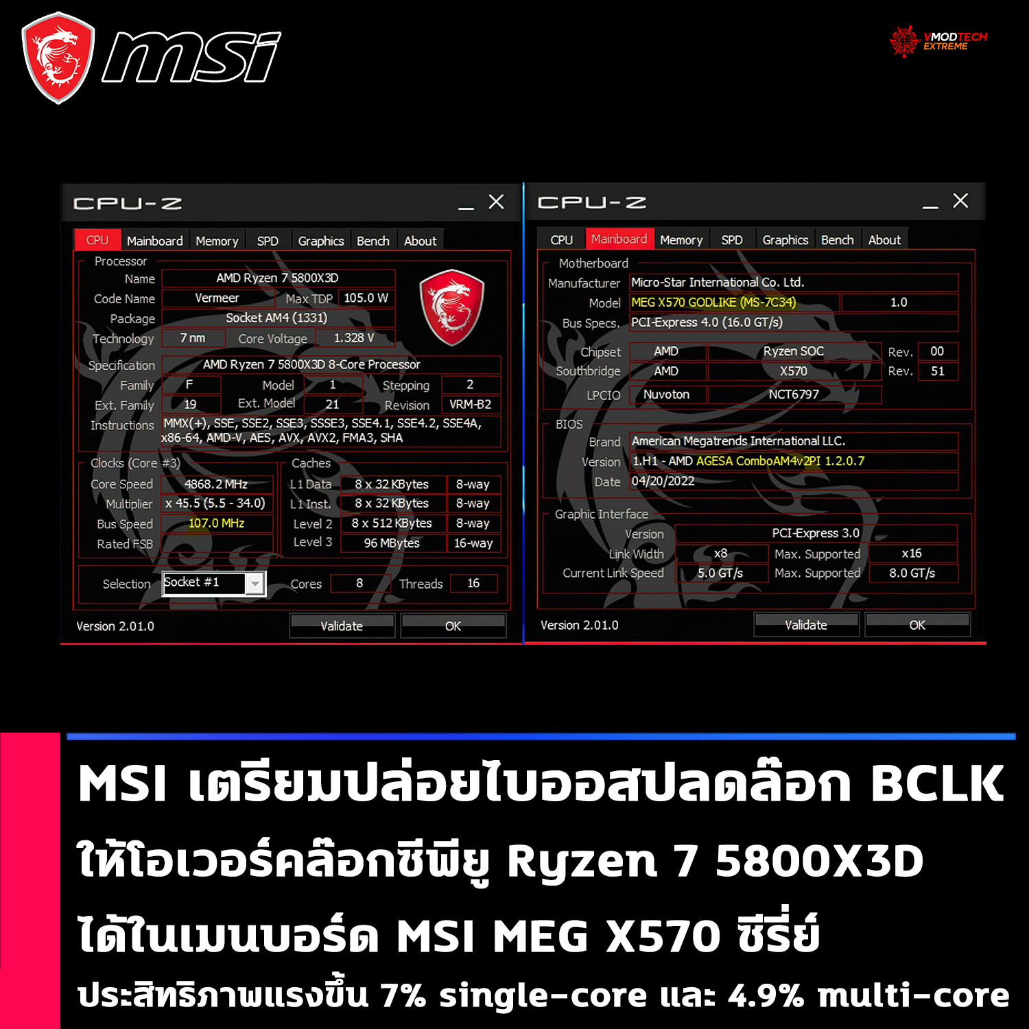 msi enable ryzen 7 5800x3d bclk MSI เตรียมปล่อยไบออสปลดล๊อก BCLK ให้โอเวอร์คล๊อกซีพียู Ryzen 7 5800X3D ได้ในเมนบอร์ด MSI MEG X570 ซีรี่ย์ประสิทธิภาพแรงขึ้น 7% single core และ 4.9% multi core