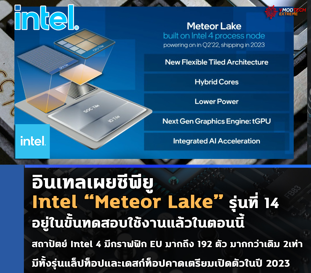 intel meteor lake intel 4 2023 อินเทลเผยซีพียู Intel “Meteor Lake” รุ่นที่ 14 อยู่ในขั้นทดสอบใช้งานแล้วในตอนนี้คาดเตรียมเปิดตัวในปี 2023 