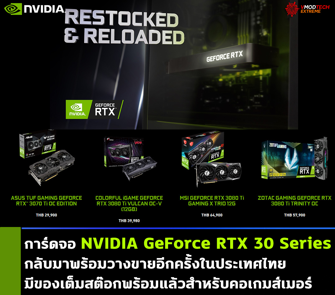 nvidia geforce rtx 30 series restocked price การ์ดจอ NVIDIA GeForce RTX 30 Series กลับมาพร้อมวางขายอีกครั้งในประเทศไทยมีของเต็มสต๊อกพร้อมแล้วสำหรับคอเกมส์เมอร์ 