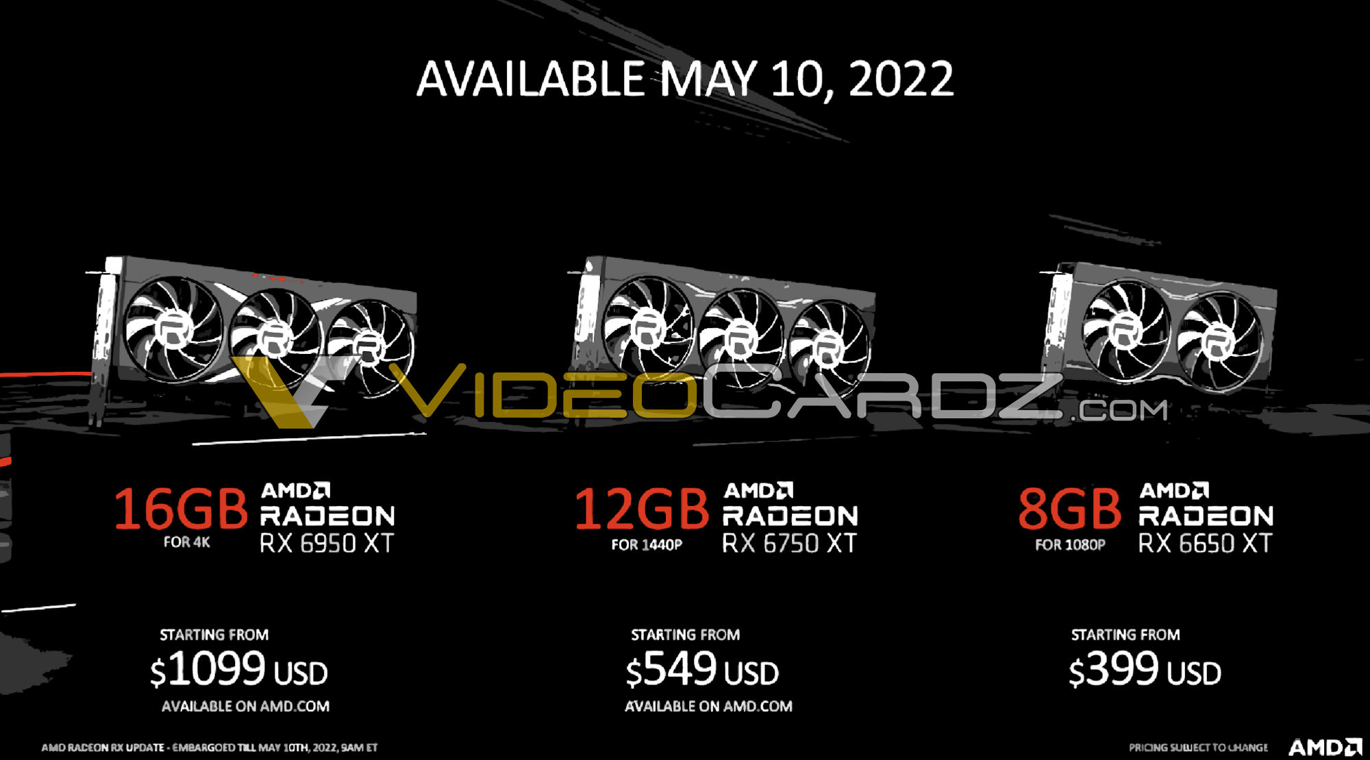 amd radeon rx 6950 6750 6650xt pricing หลุดราคาการ์ดจอ AMD Radeon RX 6950XT อยู่ที่ 1099USD 37,XXXบาท รุ่น RX 6750XT อยู่ที่ 549USD 18,XXXบาท รุ่น RX 6650XT อยู่ที่ 399USD 13,XXXบาท 