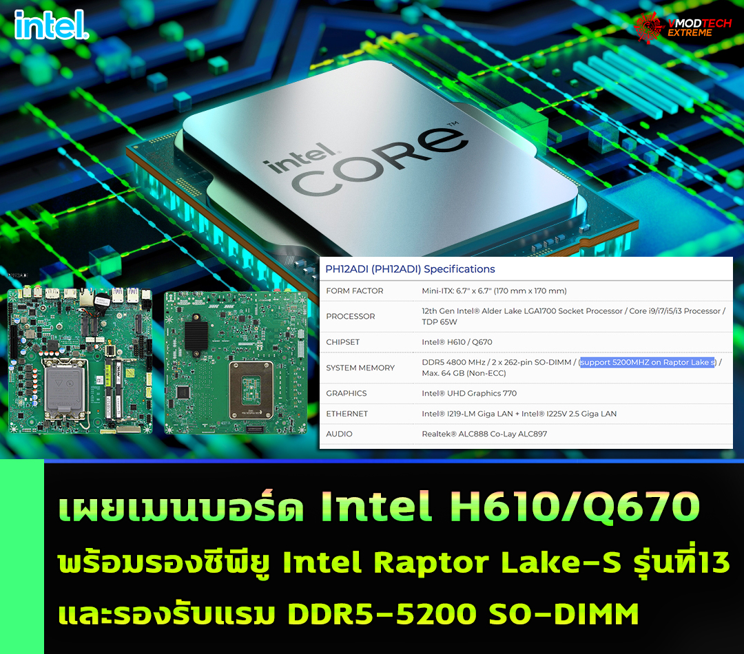 intel h610 q670 intel raptor lake s เผยเมนบอร์ด Intel H610/Q670 พร้อมรองซีพียู Intel Raptor Lake S รุ่นที่13 และรองรับแรม DDR5 5200 SO DIMM 