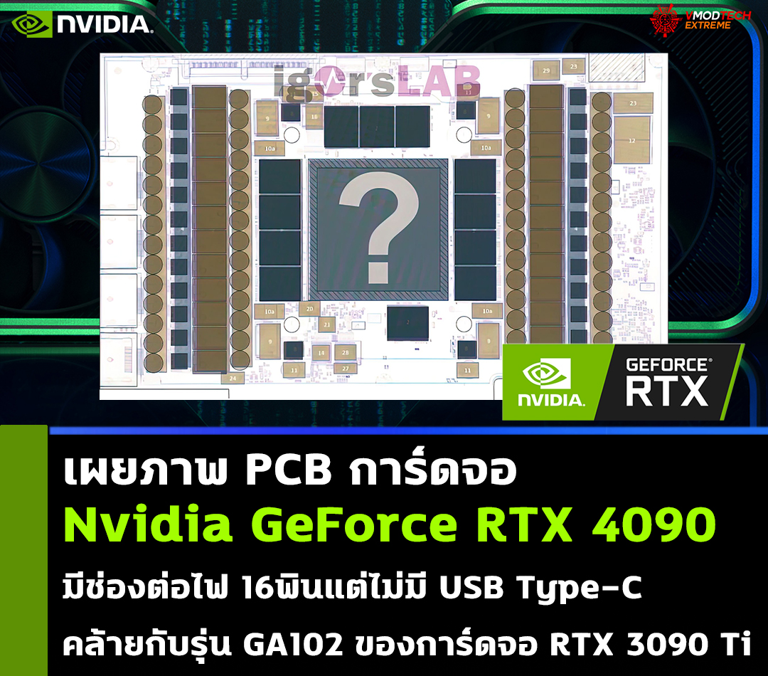 nvidia geforce rtx 4090 pcb 16 pin power เผยภาพ PCB การ์ดจอ Nvidia GeForce RTX 4090 มีช่องต่อไฟ 16พินแต่ไม่มี USB Type C คล้ายกับรุ่น GA102 ของการ์ดจอ RTX 3090 Ti 