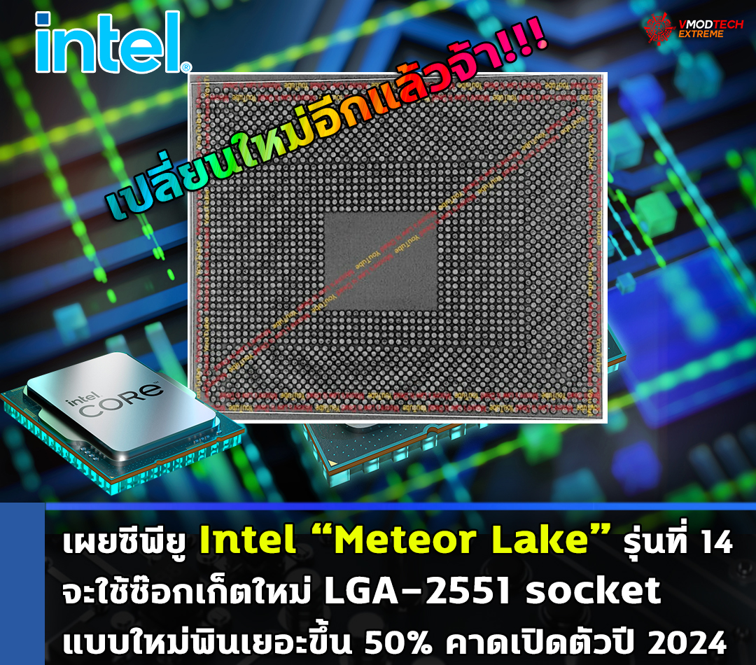 intel core meteor lake lga 2551 socket เผยซีพียู Intel “Meteor Lake” รุ่นที่ 14 จะใช้ซ๊อกเก็ตใหม่ LGA 2551 socket คาดเปิดตัวปี 2024 