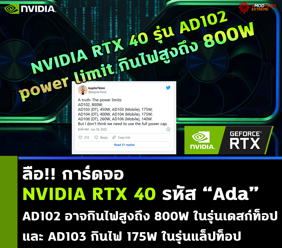 nvidia geforce rtx 40 power limits 800w tdp ลือ!! การ์ดจอ NVIDIA RTX 40 รหัส “Ada” อาจกินไฟสูงถึง 800W ในรุ่นเดสก์ท็อปและกินไฟ 175W ในรุ่นแล็ปท็อป