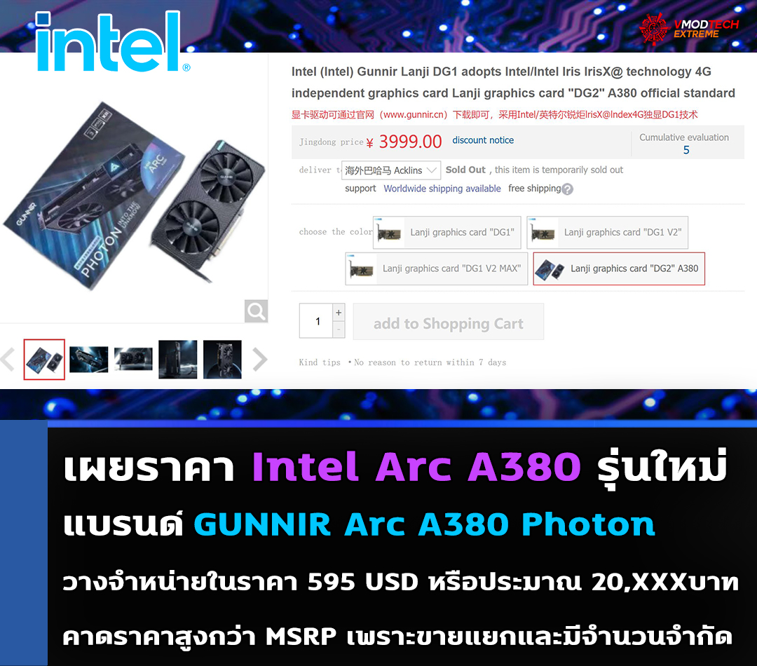 intel arc a380 dg2 595usd เผยราคา Intel Arc A380 รุ่นใหม่ล่าสุดแบรนด์ GUNNIR Arc A380 Photon วางจำหน่ายในราคา 595 USD หรือประมาณ 20,XXXบาทไทย 